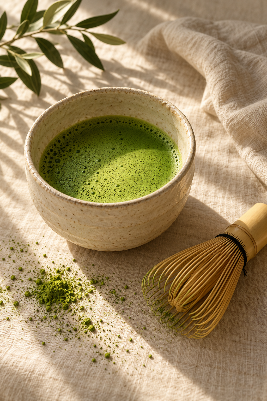 A ceramic bowl of green matcha beside a bamboo whisk in warm sunlight